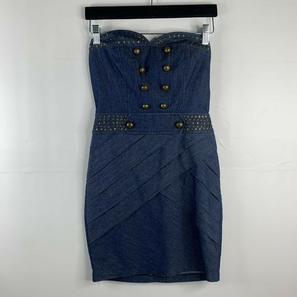 Arden B Sz XS Y2K Chambray Studded Stud Strapless Military Style Mini Dress T210 - Picture 2 of 9
